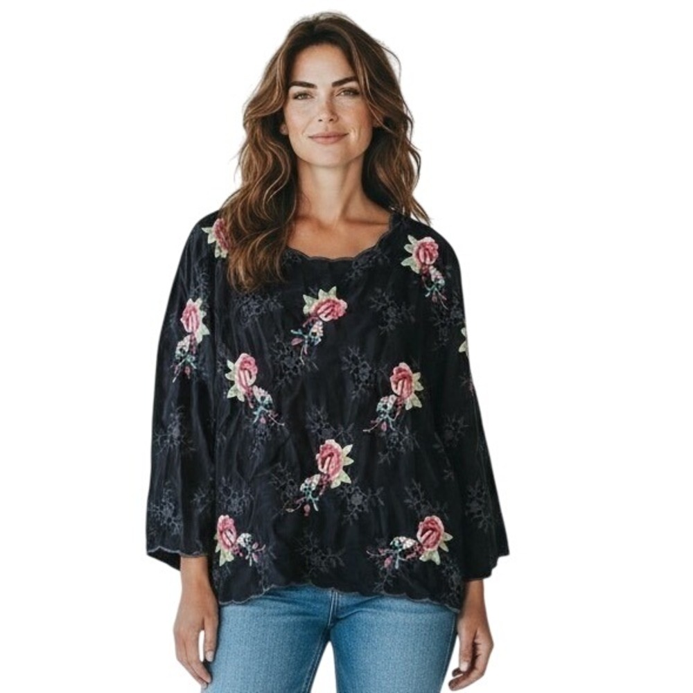 Sm Vtg Heavily Embroidered Blouse Rose Floral Boho Western Festival Top Scallop